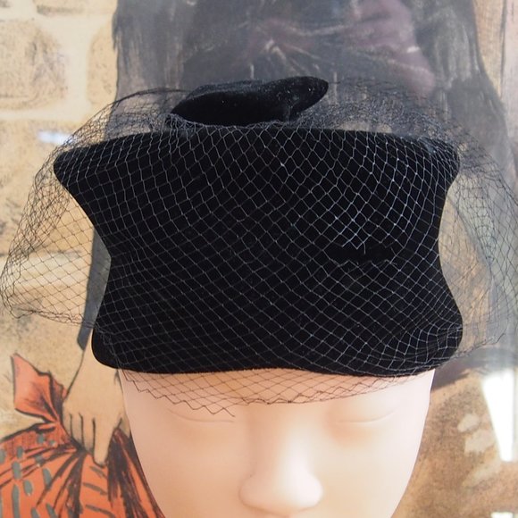 Vintage Accessories - Formal Velvet Netting Sears Millinery Hat